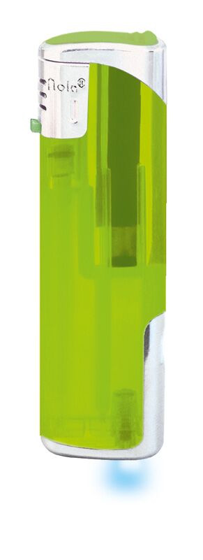 Nola 12 Elektronik Feuerzeug LED hellgrün nachf. frosty hellgrün, Kappe und Drücker chrom mit hellg