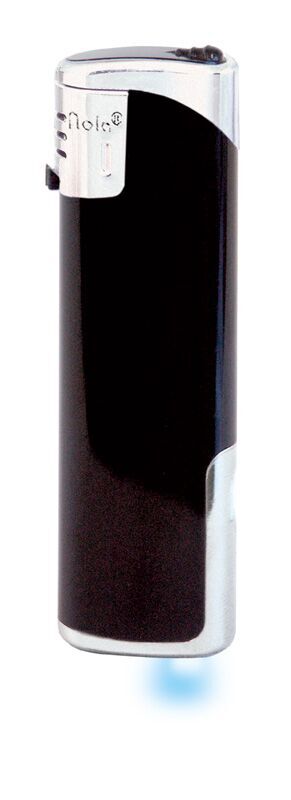 Nola 12 Elektronik Feuerzeug LED schwarz nachf. glänzend schwarz, Kappe u. Drücker chrom mit schw.